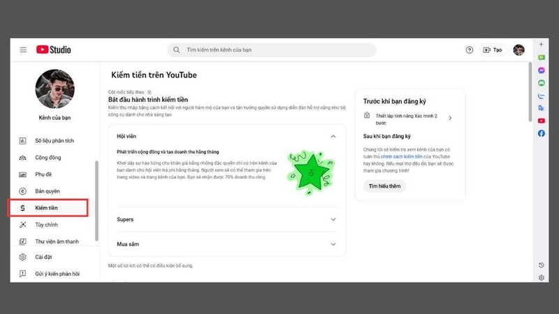 Truy cập YouTube Studio và điều hướng đến mục Kiếm tiền