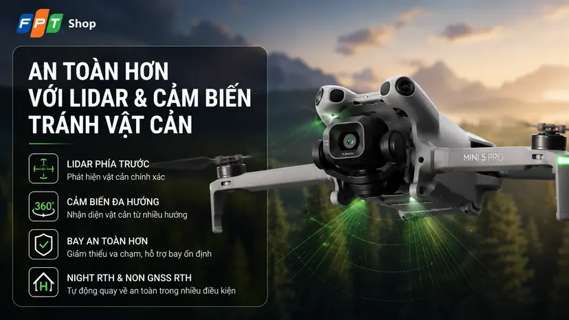 Mini 5 Pro được bổ sung thêm LiDAR hướng trước để quét vật cản trong đêm.