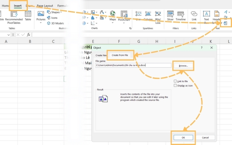 Cách chèn tài liệu Word vào trong file Excel (2)