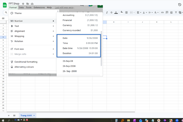 Cách thay đổi định dạng ngày tháng Google Sheets 2