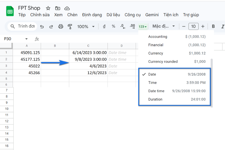 Cách thay đổi định dạng ngày tháng Google Sheets 4