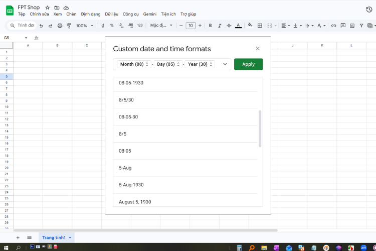 Cách thay đổi định dạng ngày tháng Google Sheets 5