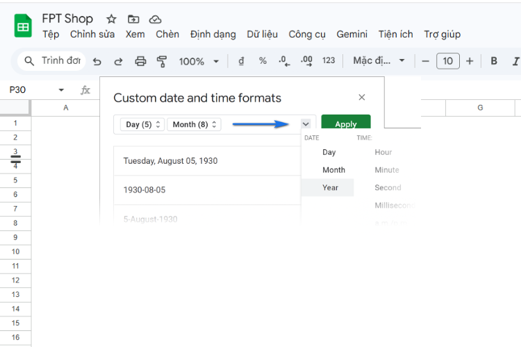 Cách thay đổi định dạng ngày tháng Google Sheets 7