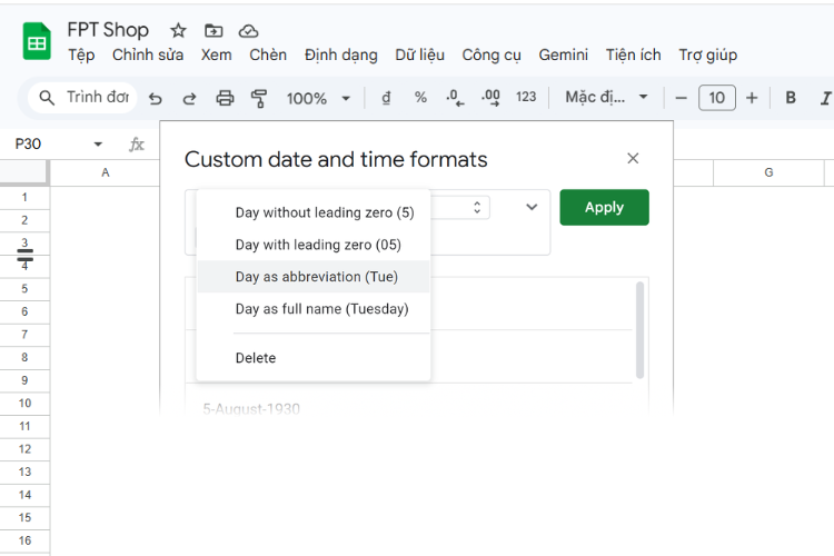 Cách thay đổi định dạng ngày tháng Google Sheets 8