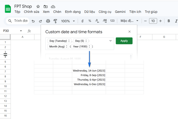 Cách thay đổi định dạng ngày tháng Google Sheets 9