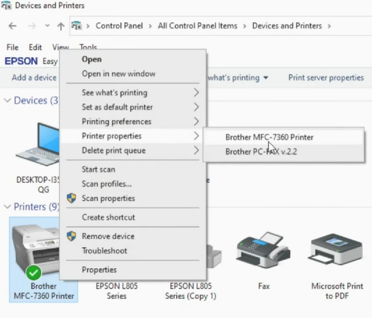 Máy in Brother MFC 7360 hiển thị trong Devices and Printers
