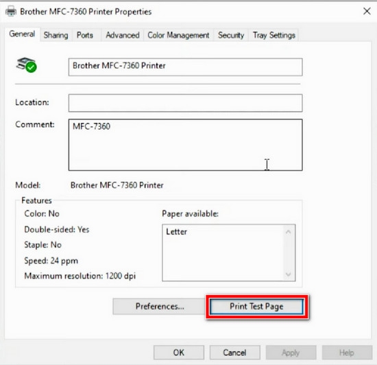 Menu chuột phải chọn Printer properties của máy in Brother MFC 7360