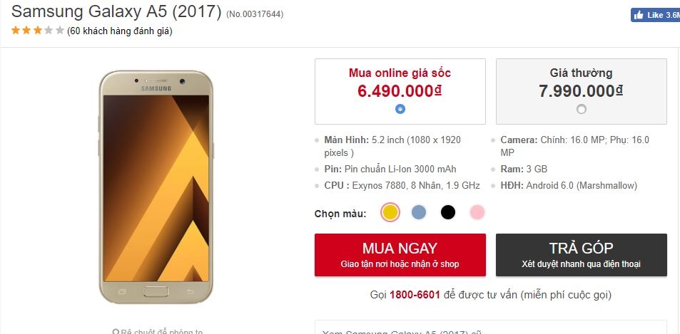 Galaxy A5 2017 camera 16/16 MP tiếp tục giảm giá như chưa bao giờ được giảm