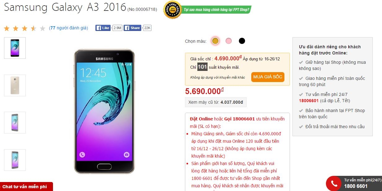 Galaxy A3 2016 giảm giá như chưa bao giờ được giảm