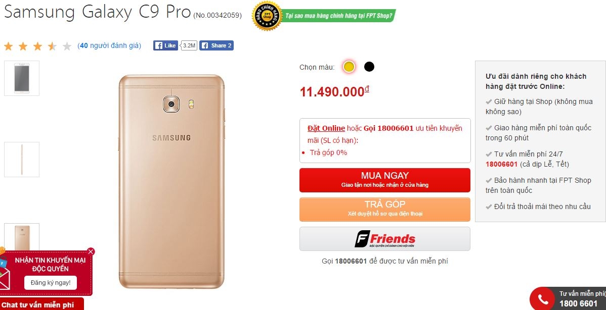 Mãnh thú Galaxy C9 Pro màn hình 6 inch, RAM 6GB chính thức lên kệ FPT Shop
