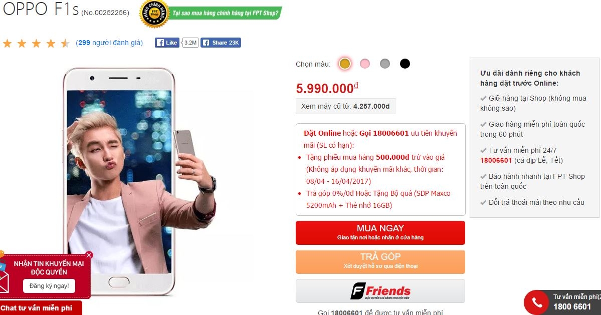 Chuyên gia selfie OPPO F1s với camera trước 16MP giảm giá