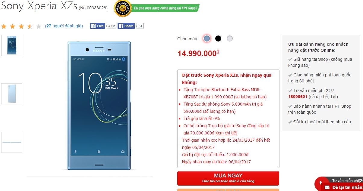 Xperia XZs bắt đầu cho phép đặt hàng tại FPT Shop với nhiều quà tặng cực chất