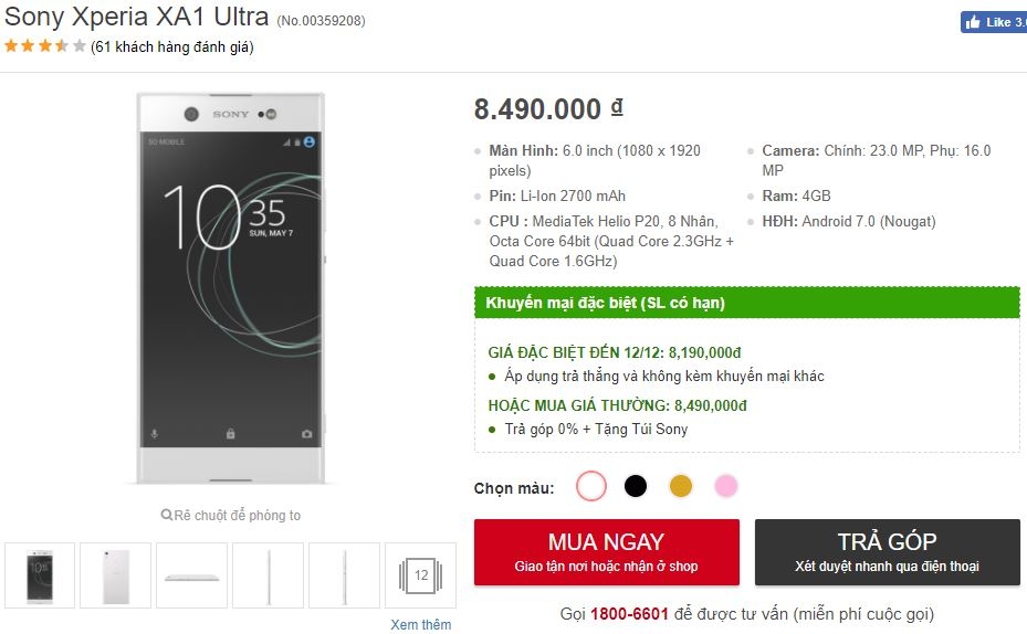 Xperia XA1 Ultra màn hình 6 inch, camera 16/23 MP hạ giá