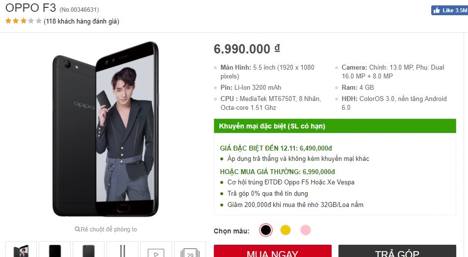 OPPO F3 thiết kế sang chảnh, camera selfie kép giảm giá mạnh