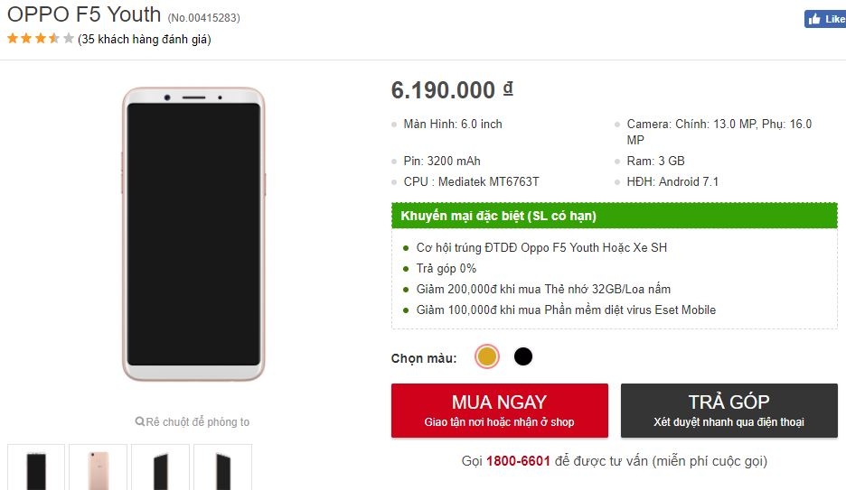 OPPO F5 Youth với màn hình 6 inch 18:9, camera 16MP chính thức mở bán tại FPT Shop