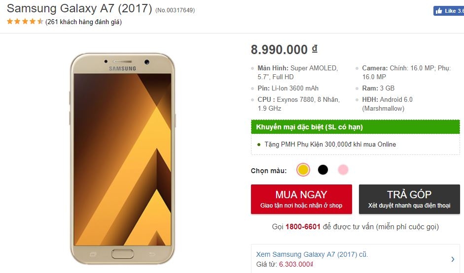 Galaxy A7 2017 màn hình 5.7 inch, camera 16MP, chống nước IP68 hạ giá cực sốc