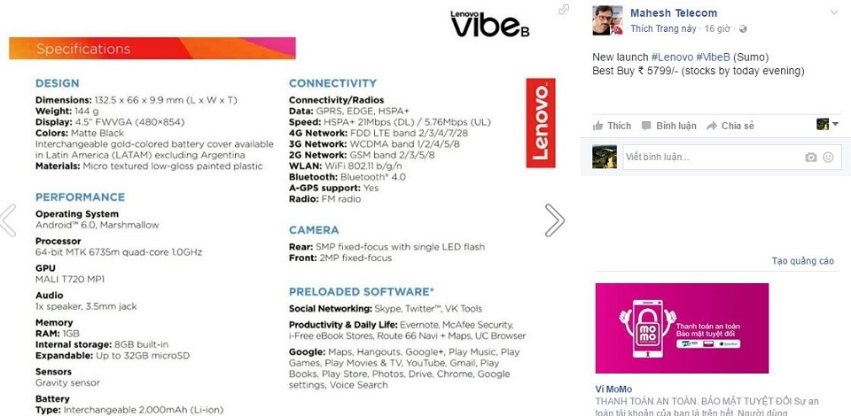 Smartphone giá rẻ Lenovo Vibe B lên kệ
