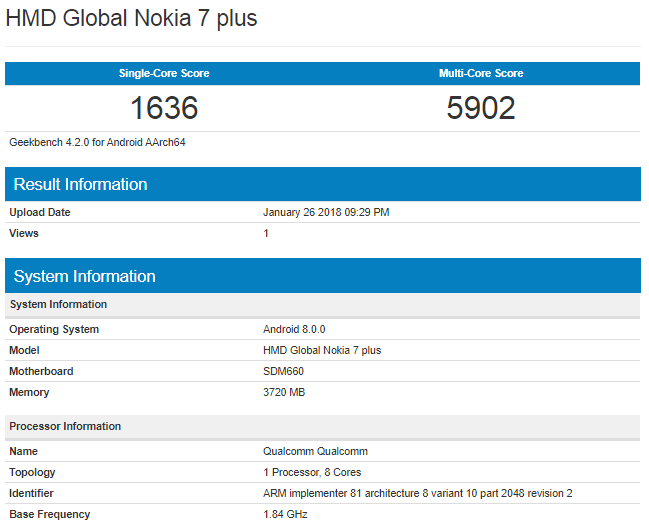 Nokia 7 Plus bất ngờ xuất hiện với chip Snapdragon 660