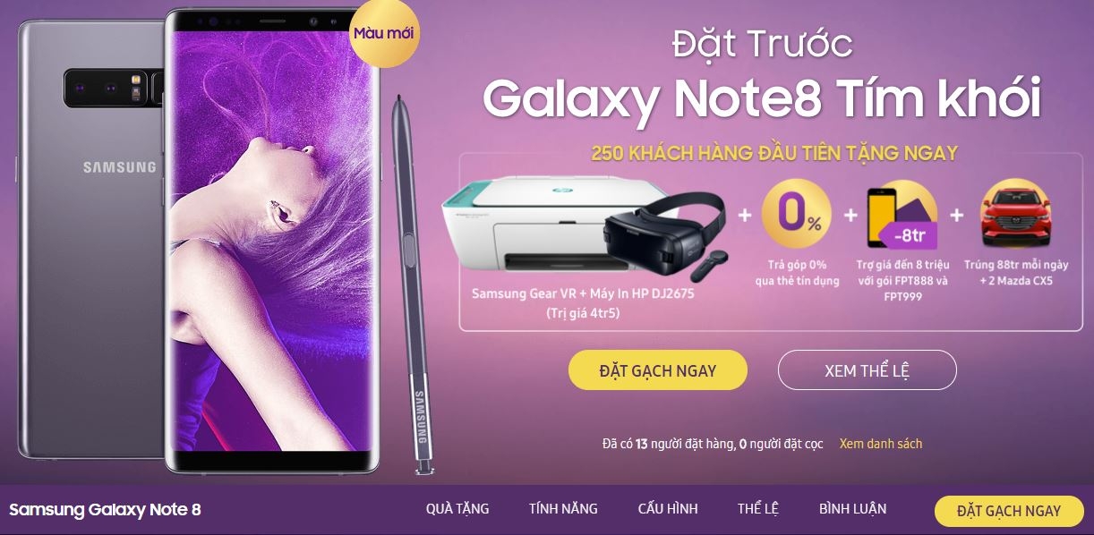 Galaxy Note 8 màu tím khói bắt đầu mở bán tại FPT Shop, giá không đổi