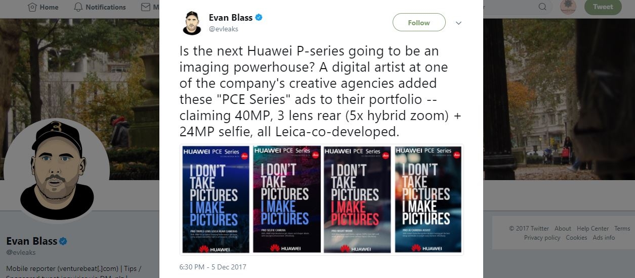 Huawei P11 sẽ trang bị camera 40MP zoom 5x, máy ảnh selfie 24MP