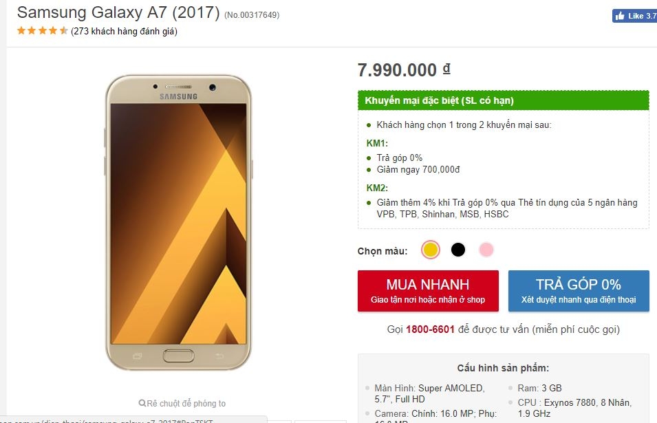 Galaxy A7 2017 thiết kế sang chảnh, chống nước IP68, camera 16/16 MP hạ giá mạnh