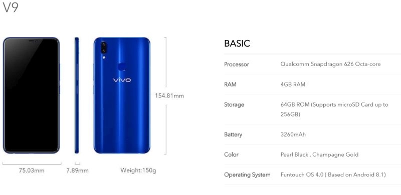 Vivo V9 màu xanh Sapphire lộ diện kèm cấu hình và giá bán