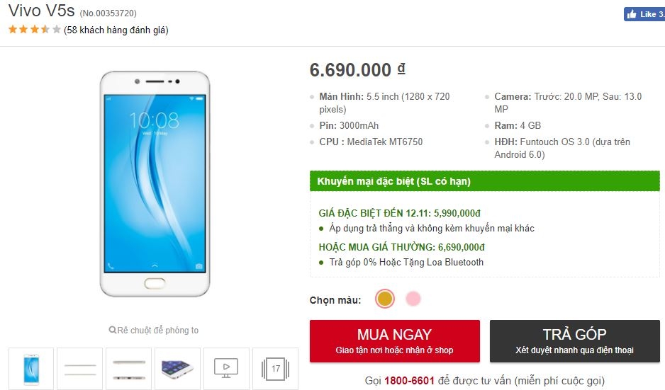 Vivo V5s màn hình 5.5 inch, camera trước sau 20/13 MP giảm giá sốc
