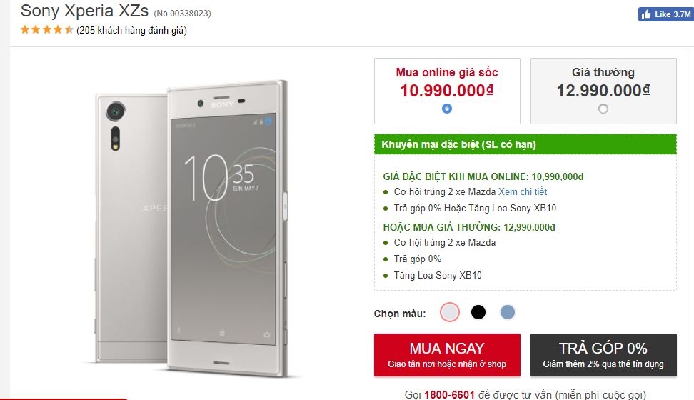 Xperia XZs với chip mạnh mẽ, camera quay chậm 960fps giảm giá sốc