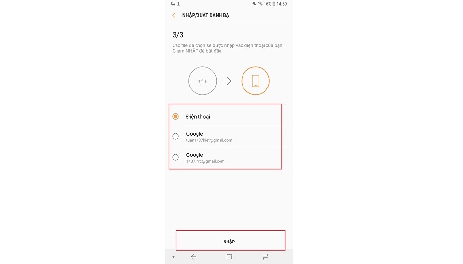 sao chép danh bạ vào Samsung Galaxy S9 và S9 Plus