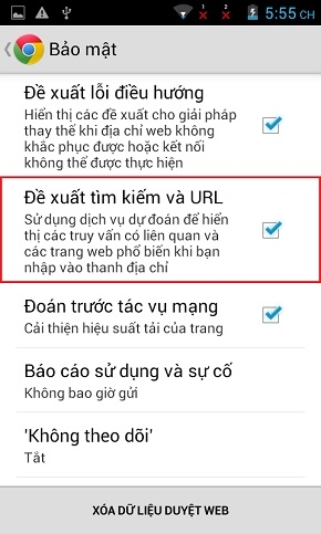 Chọn Đề xuất tìm kiếm và URL.