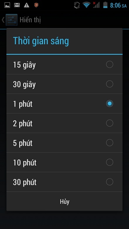 Thay đổi thời gian sáng màn hình