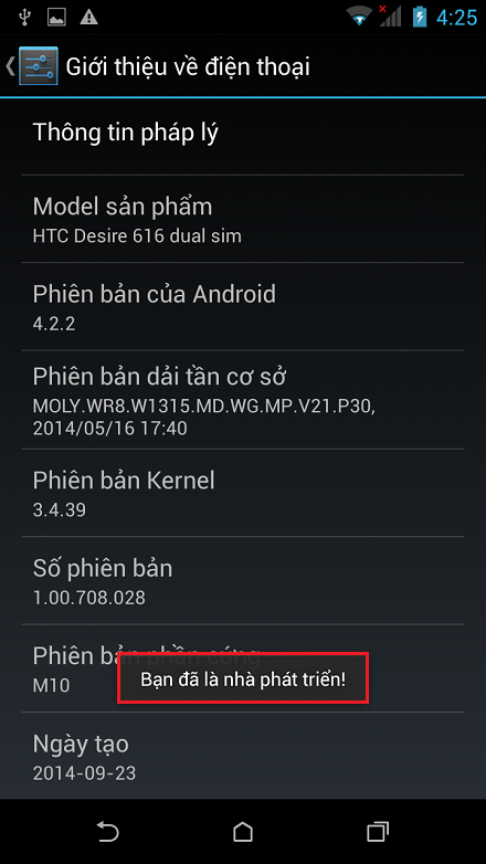 Kích hoạt tính năng nhà phát triển cho HTC Desire 616