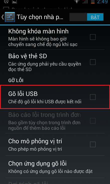 Bật chế độ gỡ lối USB