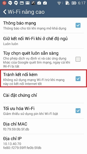 Bật tính năng tránh kết nối Wi-Fi kém