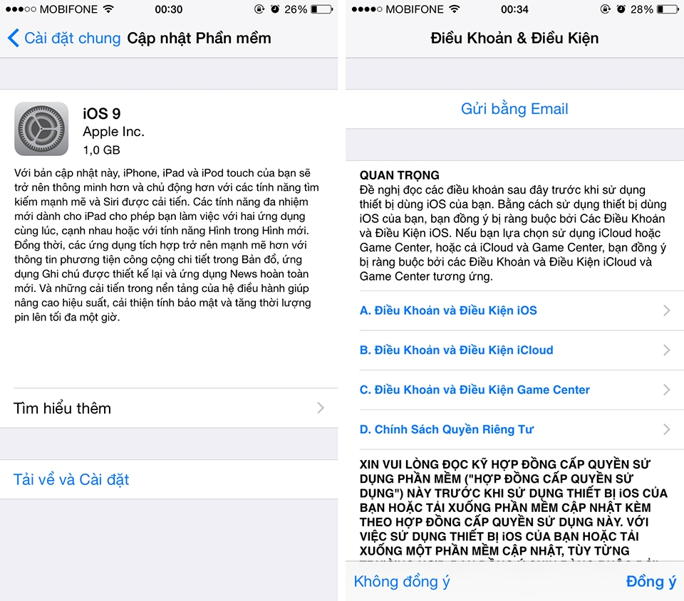 Cách 1: Nâng cấp iOS 9 qua OTA