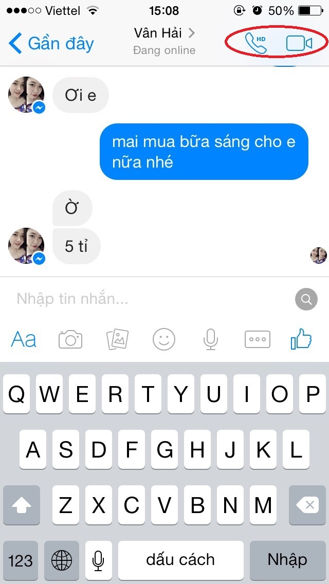 Giao diện Facebook Messenger trên điện thoại