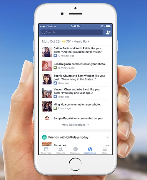 Facebook làm mới khu vực thông báo với Notifications Tab