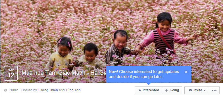 Giao diện Event Facebook với các sự kiện công khai cùng nút Interested