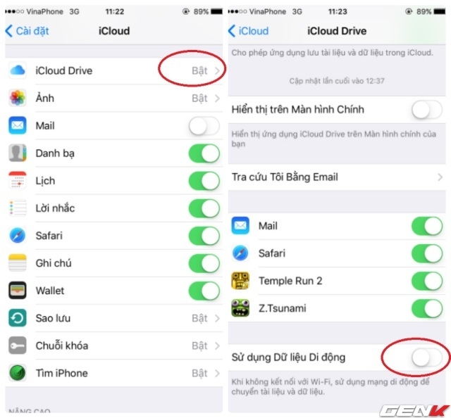 Tắt dữ liệu di động cho iCoud