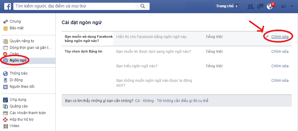 Truy cập vào Language - Ngôn ngữ