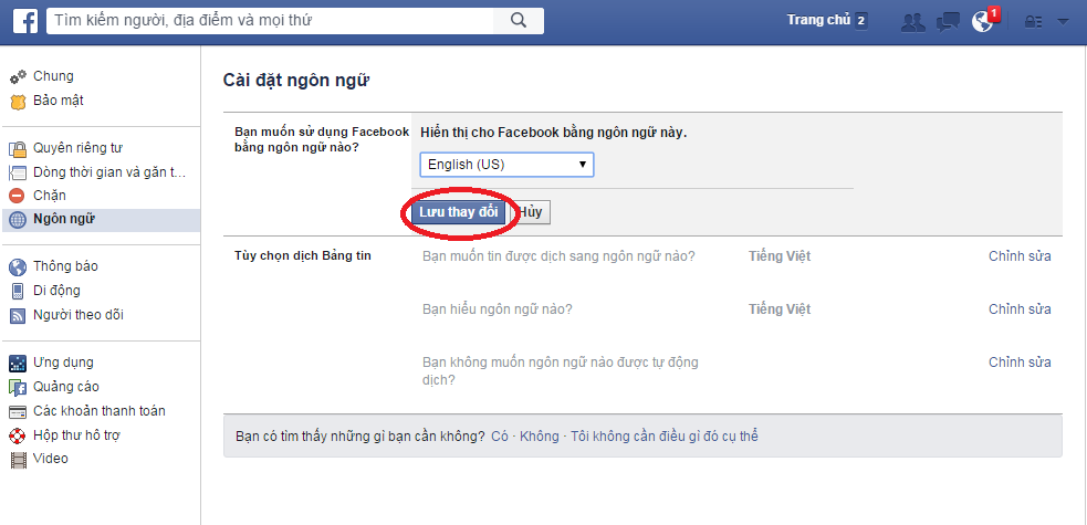 Chọn English (US) và Lưu thay đổi