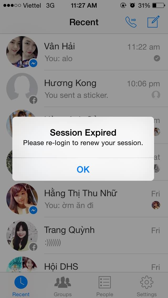 Giao diện Facebook Messenger sau khi tắt các phiên hoạt động