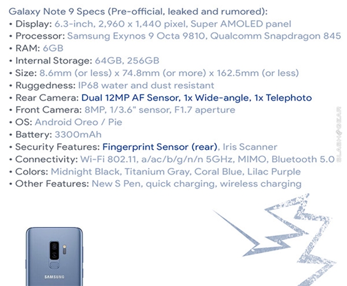Hé lộ bảng thông số kĩ thuật rò rỉ của Galaxy Note 9 2
