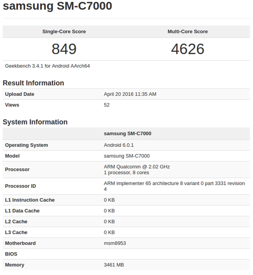 Galaxy C7 (SM-C7000) tiếp tục lộ diện trên GeekBench