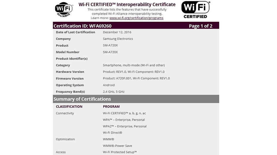 Samsung Galaxy A7 2017 có chứng chỉ Wi-Fi