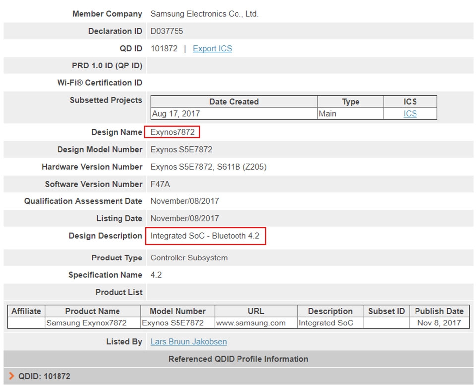 Chip Exynos 7872 được Bluetooth SIG chứng nhận Chip Exynos 7872 được Bluetooth SIG chứng nhận