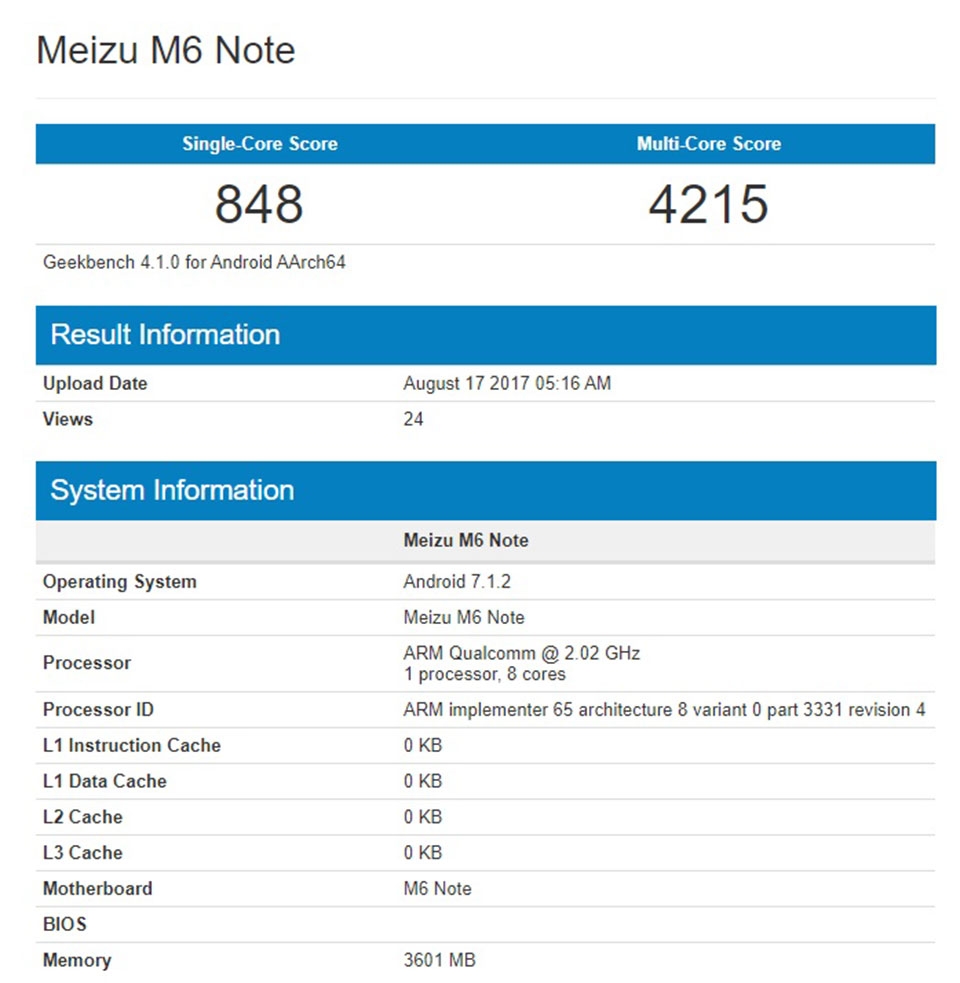 Meizu M6 Note xuất hiện trên GeekBench