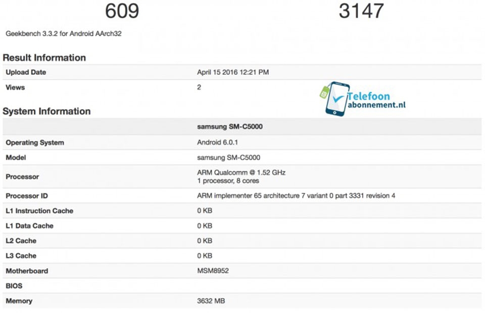 Samsung C-series (SM-C5000) lộ diện trên Geekbench