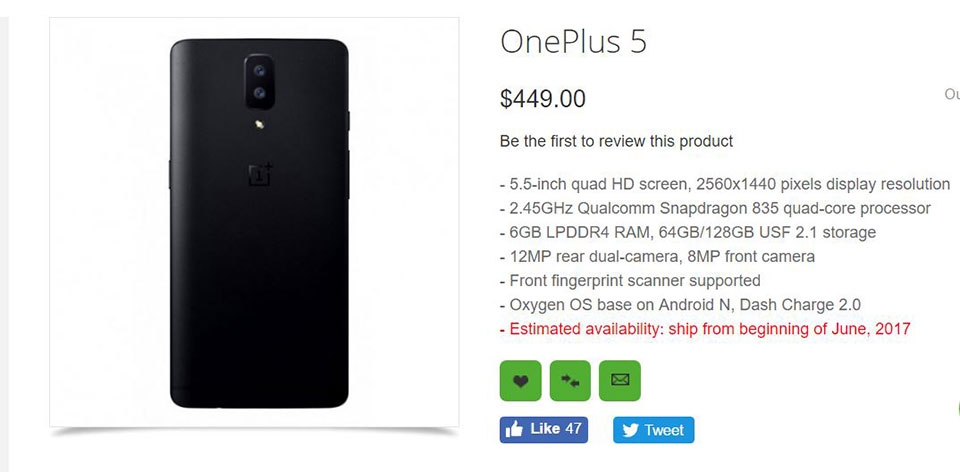 OnePlus 5 hé lộ thông số kĩ thuật và giá bán hấp dẫn