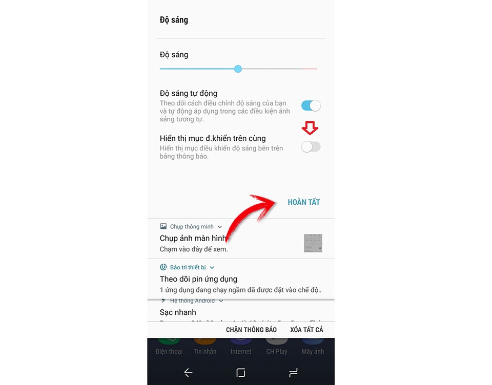 Đưa thanh chỉnh sáng lên ngăn thông báo của Galaxy S8